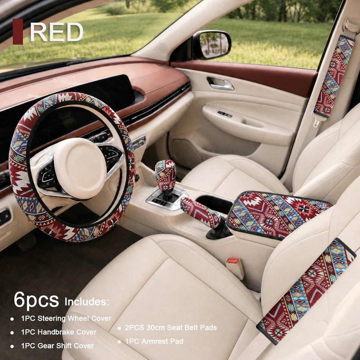 6pcs Bohemian Style Linen Car Interior Set, Includes 1 Steering Wheel Cover, 1 Armrest Pad, 1 Handbrake Cover, 1 Gear Shift Cover, 2 30cm Seat Belt Shoulder Pads, Wear-Resistant Non-Slip, All-Season U