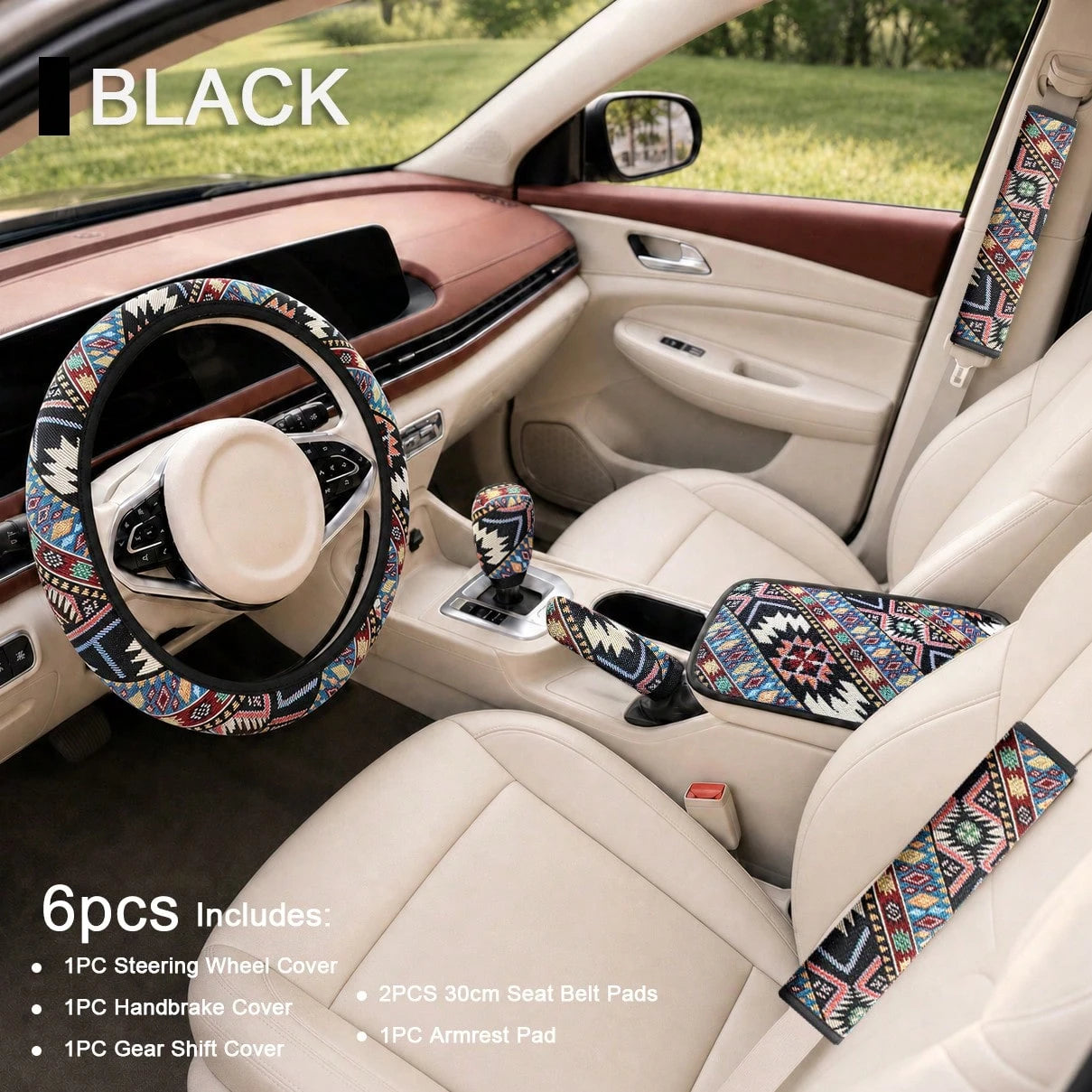 6pcs Bohemian Style Linen Car Interior Set, Includes 1 Steering Wheel Cover, 1 Armrest Pad, 1 Handbrake Cover, 1 Gear Shift Cover, 2 30cm Seat Belt Shoulder Pads, Wear-Resistant Non-Slip, All-Season U