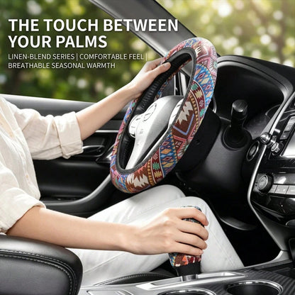 6pcs Bohemian Style Linen Car Interior Set, Includes 1 Steering Wheel Cover, 1 Armrest Pad, 1 Handbrake Cover, 1 Gear Shift Cover, 2 30cm Seat Belt Shoulder Pads, Wear-Resistant Non-Slip, All-Season U