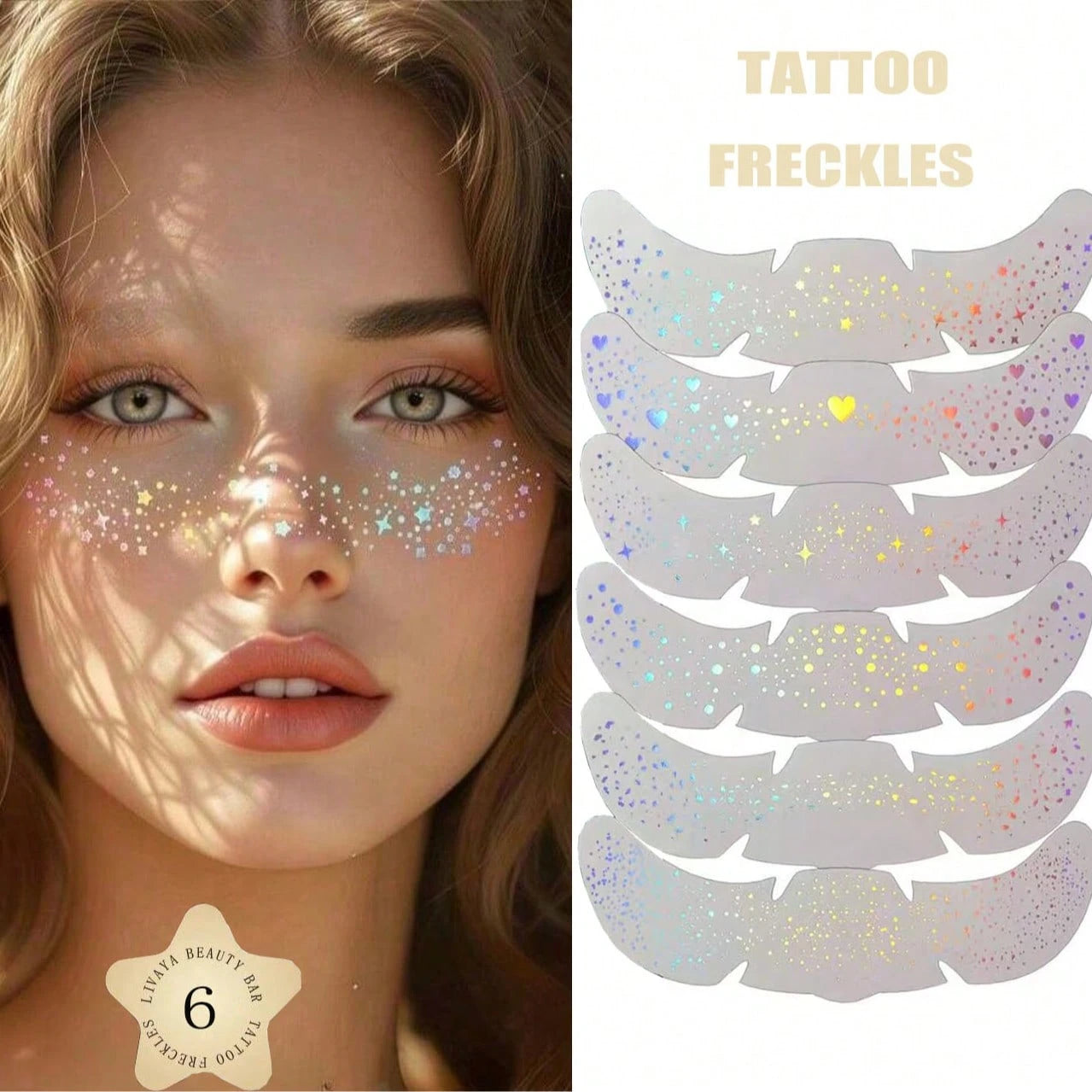 6pcs Holographic Glitter Freckle Face Temporary Tattoo Stickers, Waterproof Shiny Body Glitter Dot Stickers, Cute Star Glitter Stickers, Festival Party Makeup Accessories