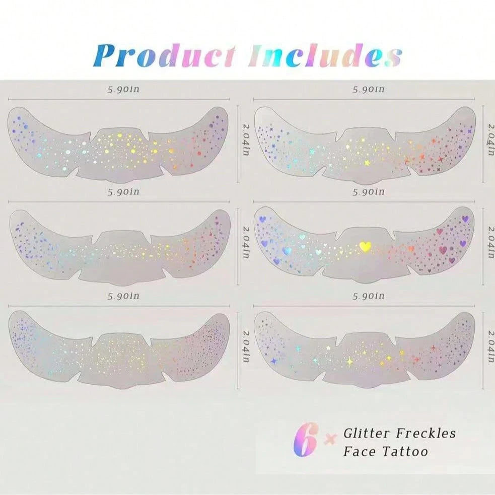 6pcs Holographic Glitter Freckle Face Temporary Tattoo Stickers, Waterproof Shiny Body Glitter Dot Stickers, Cute Star Glitter Stickers, Festival Party Makeup Accessories
