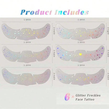 6pcs Holographic Glitter Freckle Face Temporary Tattoo Stickers, Waterproof Shiny Body Glitter Dot Stickers, Cute Star Glitter Stickers, Festival Party Makeup Accessories
