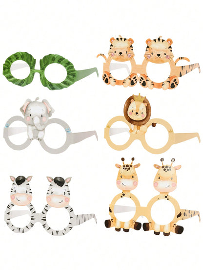 6pcs Jungle Animal Style Paper Glasses, Birthday Party Decorative Paper Glasses, Baby Shower Party Photo Props Glasses, 1st Birthday Party Supplies, Happy Birthday Party Glasses, Wild Theme Birthday P