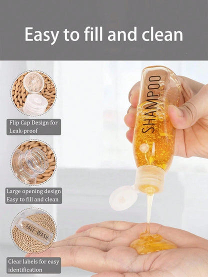 6pcs Leak-Proof Travel Bottles, 3.4 Oz Transparent Plastic With Flip Cap- Refillable Containers For Shampoo, Conditioner, Body Wash And Other Toiletries- Travel Essential Portable Design, Liquid Sto