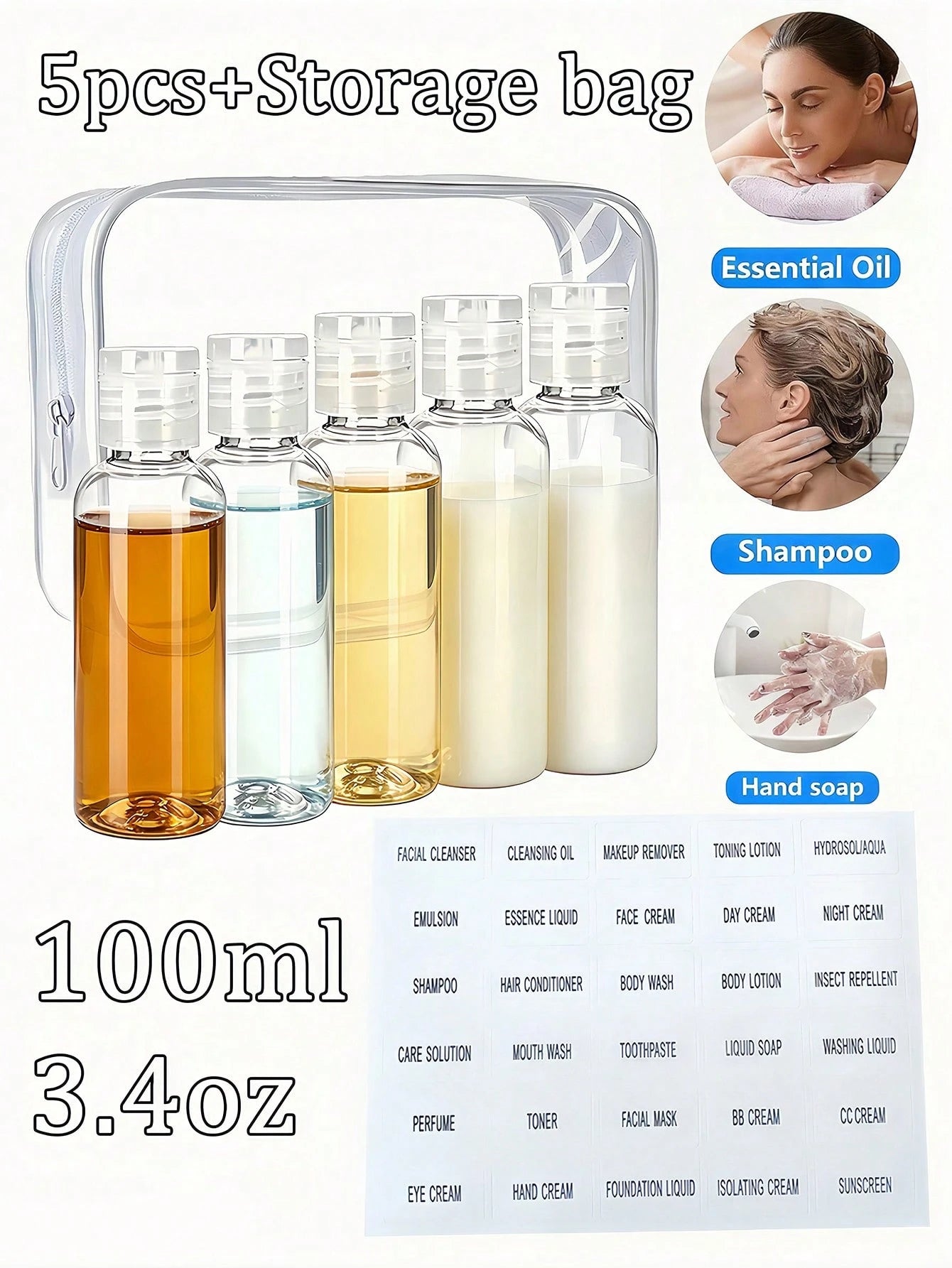 6pcs Leak-Proof Travel Bottles, 3.4 Oz Transparent Plastic With Flip Cap- Refillable Containers For Shampoo, Conditioner, Body Wash And Other Toiletries- Travel Essential Portable Design, Liquid Sto