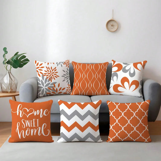 6pcs Minimalist Daily Orange Geometric "Home Sweet" Throw Pillow Covers, Single-Sided Soft Peach Velvet Fabric, 45*45/50*50/40*40CM Cushion Covers For Indoor Decor, Party, Gift