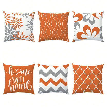 6pcs Minimalist Daily Orange Geometric "Home Sweet" Throw Pillow Covers, Single-Sided Soft Peach Velvet Fabric, 45*45/50*50/40*40CM Cushion Covers For Indoor Decor, Party, Gift
