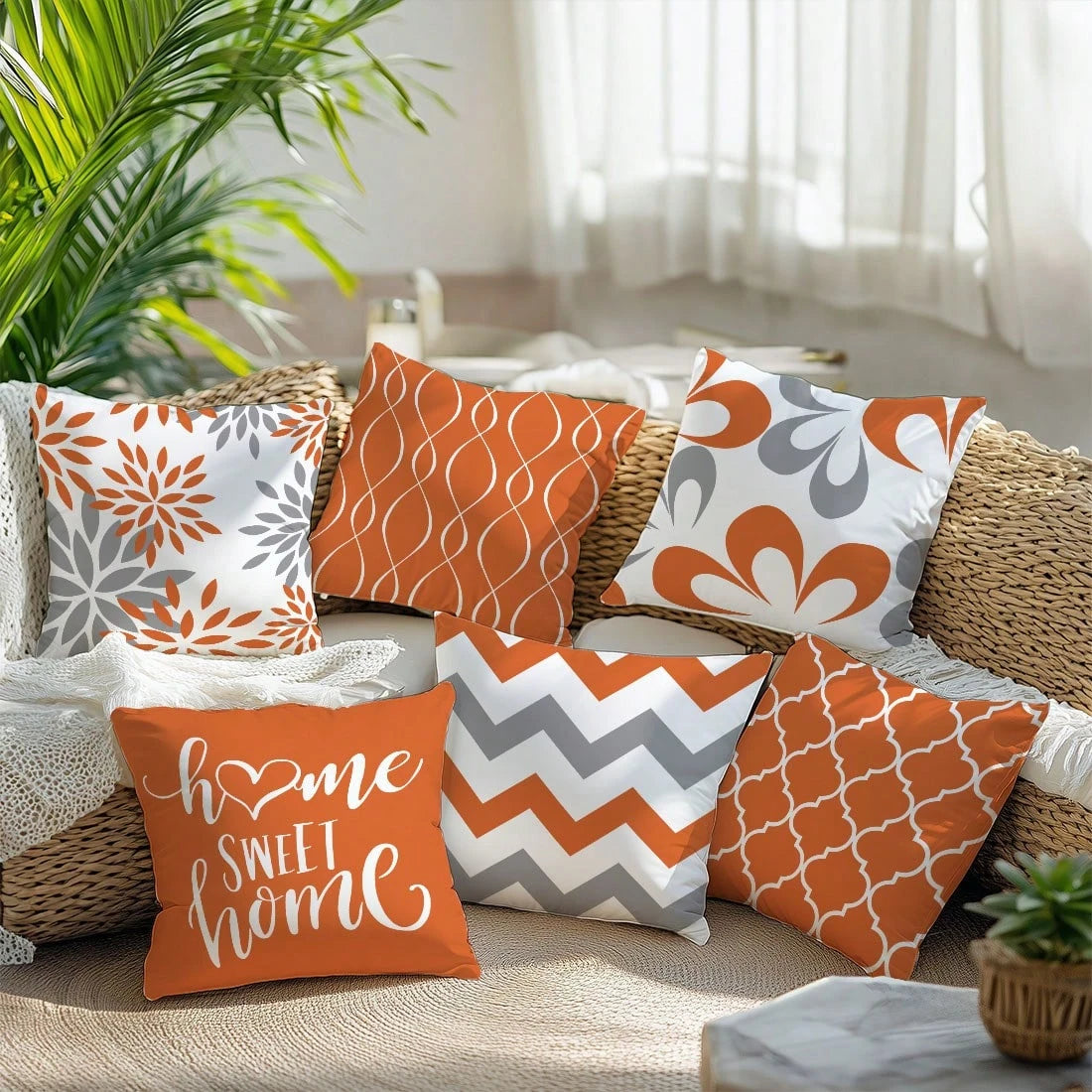 6pcs Minimalist Daily Orange Geometric "Home Sweet" Throw Pillow Covers, Single-Sided Soft Peach Velvet Fabric, 45*45/50*50/40*40CM Cushion Covers For Indoor Decor, Party, Gift