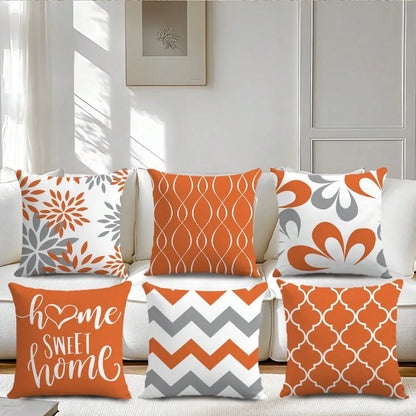6pcs Minimalist Daily Orange Geometric "Home Sweet" Throw Pillow Covers, Single-Sided Soft Peach Velvet Fabric, 45*45/50*50/40*40CM Cushion Covers For Indoor Decor, Party, Gift