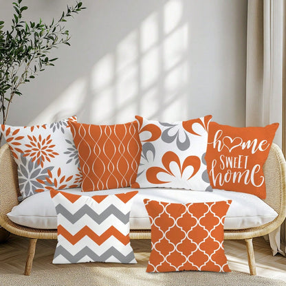 6pcs Minimalist Daily Orange Geometric "Home Sweet" Throw Pillow Covers, Single-Sided Soft Peach Velvet Fabric, 45*45/50*50/40*40CM Cushion Covers For Indoor Decor, Party, Gift