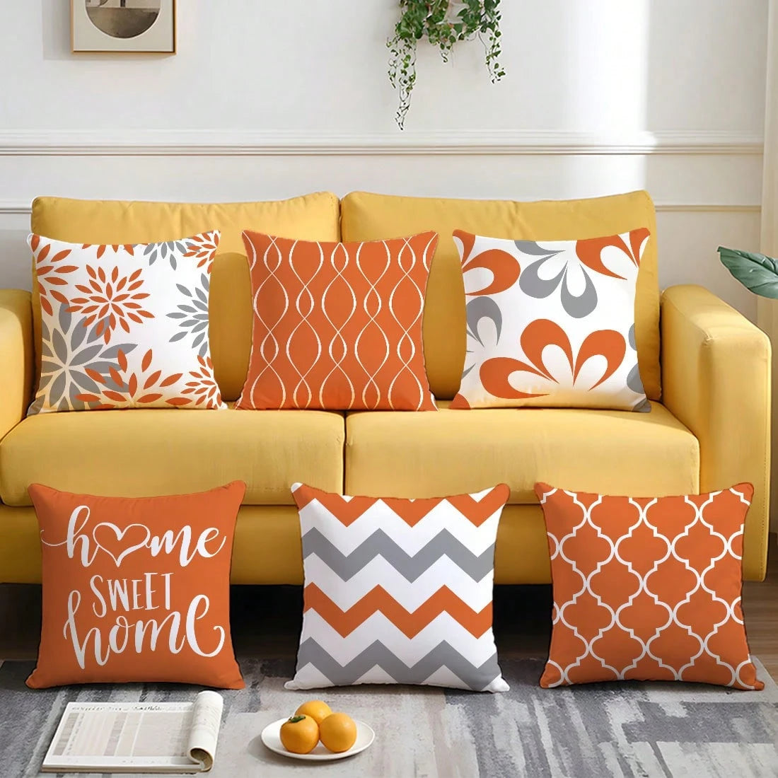 6pcs Minimalist Daily Orange Geometric "Home Sweet" Throw Pillow Covers, Single-Sided Soft Peach Velvet Fabric, 45*45/50*50/40*40CM Cushion Covers For Indoor Decor, Party, Gift