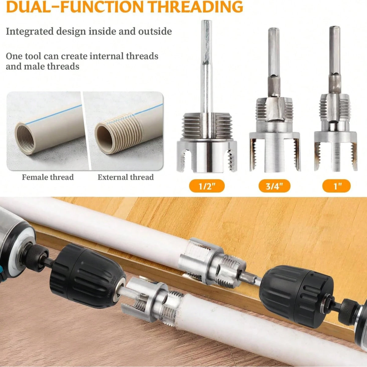 6pcs Pipe Threader Tool Kit, Dual-Function Pipe Threader Cutter, Suitable For 1/2in, 3/4in, 1in PVC/Plastic Pipes, Compatible With Electric Drill Pipe Threading Set