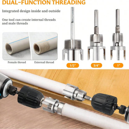 6pcs Pipe Threader Tool Kit, Dual-Function Pipe Threader Cutter, Suitable For 1/2in, 3/4in, 1in PVC/Plastic Pipes, Compatible With Electric Drill Pipe Threading Set