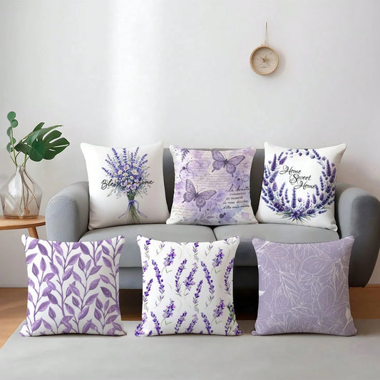 6pcs Simple Purple Lavender & Butterfly Floral "Sweet Home" Decorative Pillow Covers, Single-Sided Printed Peach Velvet, 45*45/50*50/40*40CM Cushion Covers For Modern Fabric Sofa, Indoor Decor, Party
