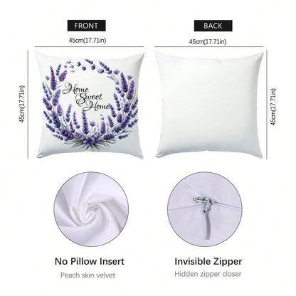 6pcs Simple Purple Lavender & Butterfly Floral "Sweet Home" Decorative Pillow Covers, Single-Sided Printed Peach Velvet, 45*45/50*50/40*40CM Cushion Covers For Modern Fabric Sofa, Indoor Decor, Party