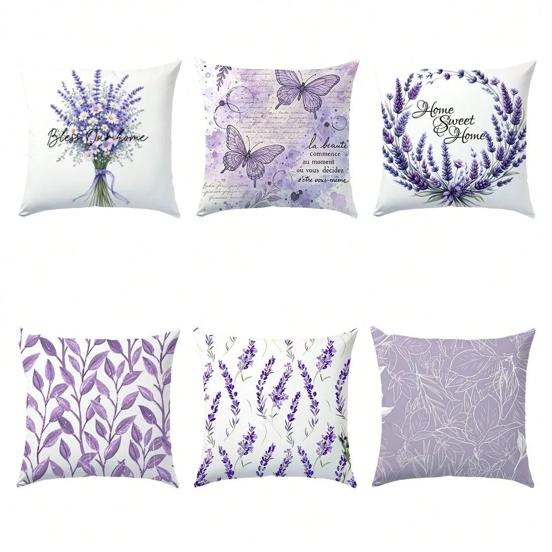 6pcs Simple Purple Lavender & Butterfly Floral "Sweet Home" Decorative Pillow Covers, Single-Sided Printed Peach Velvet, 45*45/50*50/40*40CM Cushion Covers For Modern Fabric Sofa, Indoor Decor, Party