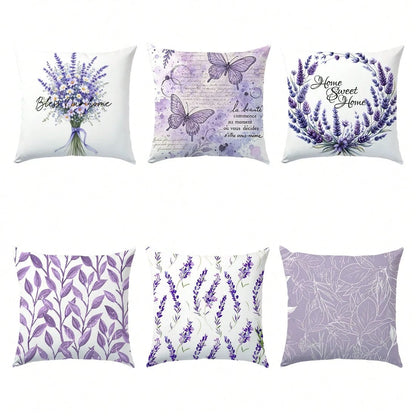 6pcs Simple Purple Lavender & Butterfly Floral "Sweet Home" Decorative Pillow Covers, Single-Sided Printed Peach Velvet, 45*45/50*50/40*40CM Cushion Covers For Modern Fabric Sofa, Indoor Decor, Party