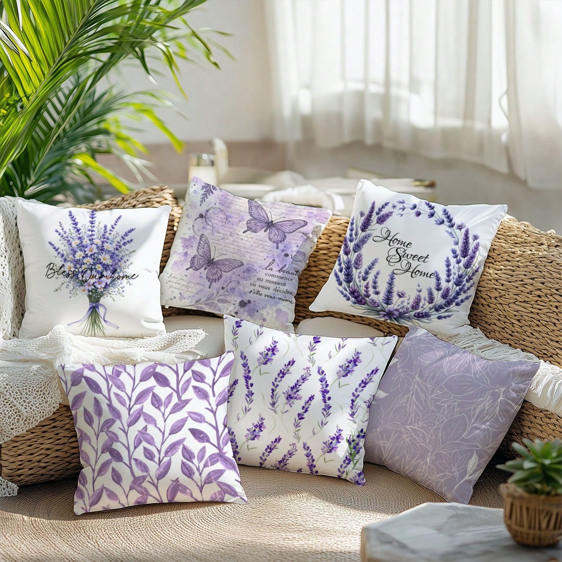6pcs Simple Purple Lavender & Butterfly Floral "Sweet Home" Decorative Pillow Covers, Single-Sided Printed Peach Velvet, 45*45/50*50/40*40CM Cushion Covers For Modern Fabric Sofa, Indoor Decor, Party