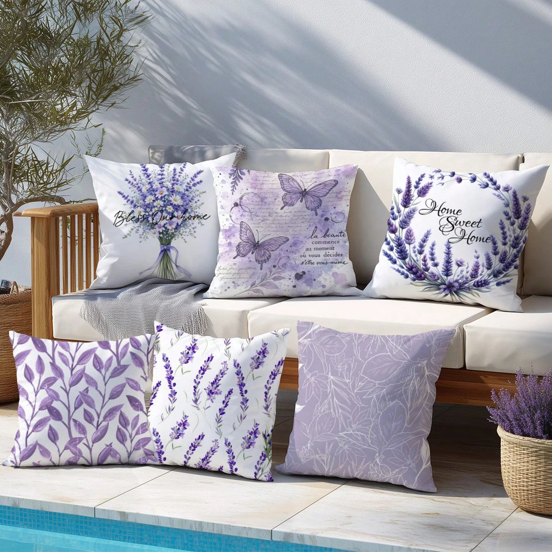 6pcs Simple Purple Lavender & Butterfly Floral "Sweet Home" Decorative Pillow Covers, Single-Sided Printed Peach Velvet, 45*45/50*50/40*40CM Cushion Covers For Modern Fabric Sofa, Indoor Decor, Party