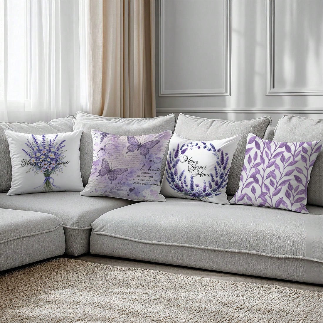 6pcs Simple Purple Lavender & Butterfly Floral "Sweet Home" Decorative Pillow Covers, Single-Sided Printed Peach Velvet, 45*45/50*50/40*40CM Cushion Covers For Modern Fabric Sofa, Indoor Decor, Party