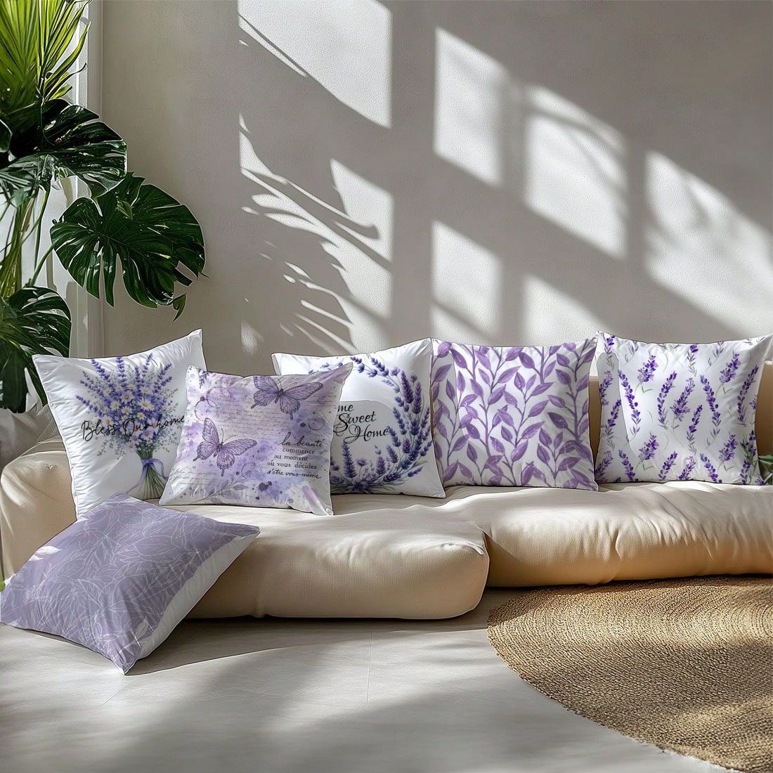 6pcs Simple Purple Lavender & Butterfly Floral "Sweet Home" Decorative Pillow Covers, Single-Sided Printed Peach Velvet, 45*45/50*50/40*40CM Cushion Covers For Modern Fabric Sofa, Indoor Decor, Party