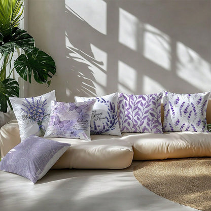 6pcs Simple Purple Lavender & Butterfly Floral "Sweet Home" Decorative Pillow Covers, Single-Sided Printed Peach Velvet, 45*45/50*50/40*40CM Cushion Covers For Modern Fabric Sofa, Indoor Decor, Party
