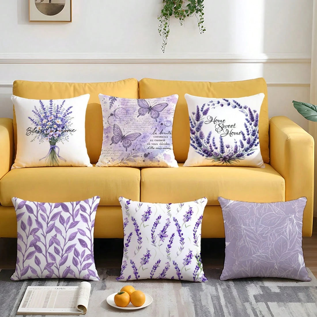 6pcs Simple Purple Lavender & Butterfly Floral "Sweet Home" Decorative Pillow Covers, Single-Sided Printed Peach Velvet, 45*45/50*50/40*40CM Cushion Covers For Modern Fabric Sofa, Indoor Decor, Party