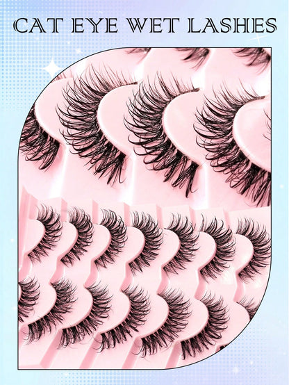 7 Pairs Cat Eye Wet Curly False Eyelashes- Spiky Cartoon Style Transparent Band Classic Manga Eye, Y2K Style Long Cat Eye Natural Exaggerated Eyelash Suitable For Daily And Party Makeup