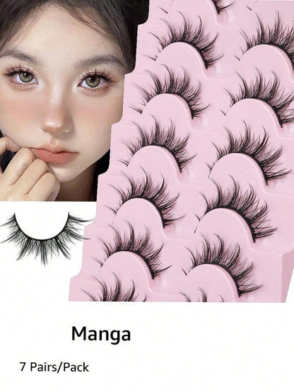 7 Pairs Manga Lashes- Natural Look, 3 D Volume, Wispy, Fluffy, Spiky, Anime & Cosplay Eyelashes- Pack Of 7- Individual Cluster- Korean & Japanese Style