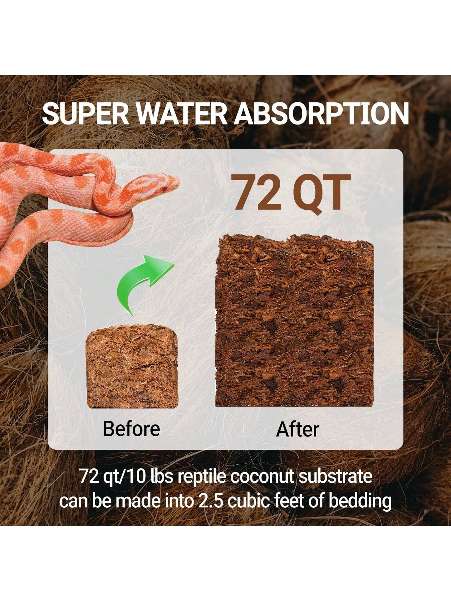 72 Quart Reptiles Coconut Chip Substrate, Coco Husk Reptiles Bedding for Ball Python, Snakes, Geckos, Lizards, Tortoises, Frogs| Odor Absorption| 100% Organics