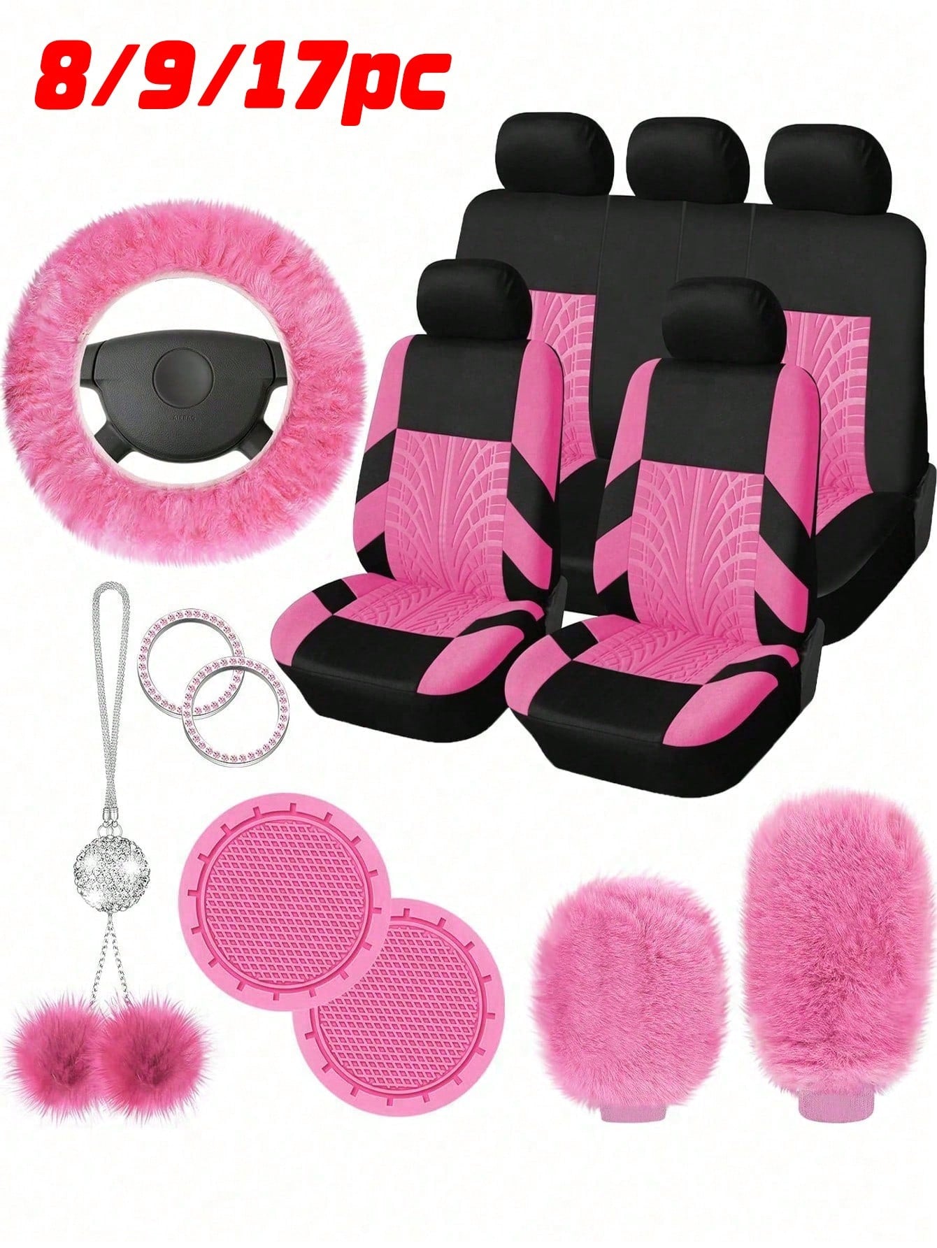 8/9/17pcs Women's Universal Car Seat Cover Set, Front And Rear Seat Covers, Fluffy Steering Wheel Cover, Wool Handbrake And Gear Shift Cover, Hanging Accessory Bracket Ring Badge Sticker