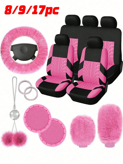 8/9/17pcs Women's Universal Car Seat Cover Set, Front And Rear Seat Covers, Fluffy Steering Wheel Cover, Wool Handbrake And Gear Shift Cover, Hanging Accessory Bracket Ring Badge Sticker