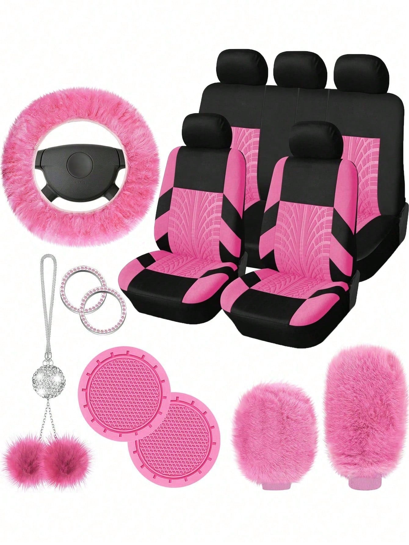 8/9/17pcs Women's Universal Car Seat Cover Set, Front And Rear Seat Covers, Fluffy Steering Wheel Cover, Wool Handbrake And Gear Shift Cover, Hanging Accessory Bracket Ring Badge Sticker