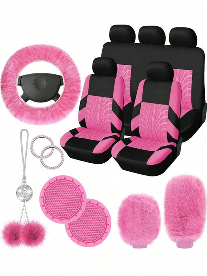 8/9/17pcs Women's Universal Car Seat Cover Set, Front And Rear Seat Covers, Fluffy Steering Wheel Cover, Wool Handbrake And Gear Shift Cover, Hanging Accessory Bracket Ring Badge Sticker
