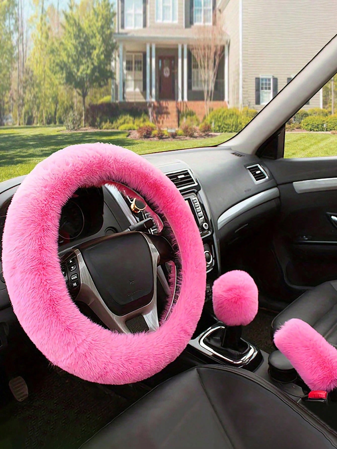 8/9/17pcs Women's Universal Car Seat Cover Set, Front And Rear Seat Covers, Fluffy Steering Wheel Cover, Wool Handbrake And Gear Shift Cover, Hanging Accessory Bracket Ring Badge Sticker