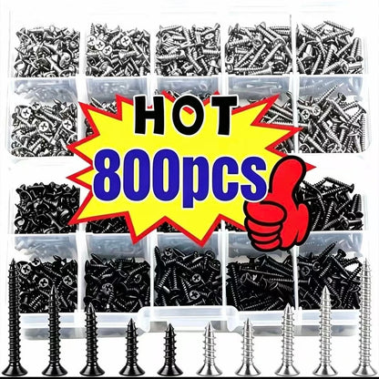 800pcs Self Tapping Wood Screw Combination, M2 Metal Cross Flat Head Screw Kit, Suitable For Board And Cabinet, Woodworking, DIY Projects And Furniture Assembly, 8 Sizes