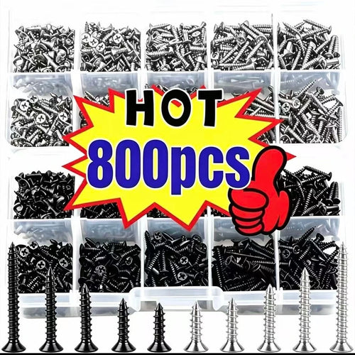 800pcs Self Tapping Wood Screw Combination, M2 Metal Cross Flat Head Screw Kit, Suitable For Board And Cabinet, Woodworking, DIY Projects And Furniture Assembly, 8 Sizes