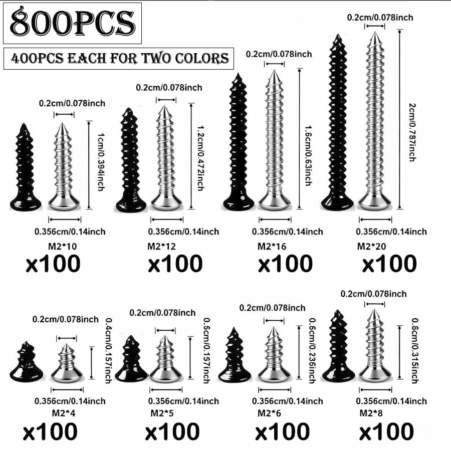 800pcs Self Tapping Wood Screw Combination, M2 Metal Cross Flat Head Screw Kit, Suitable For Board And Cabinet, Woodworking, DIY Projects And Furniture Assembly, 8 Sizes