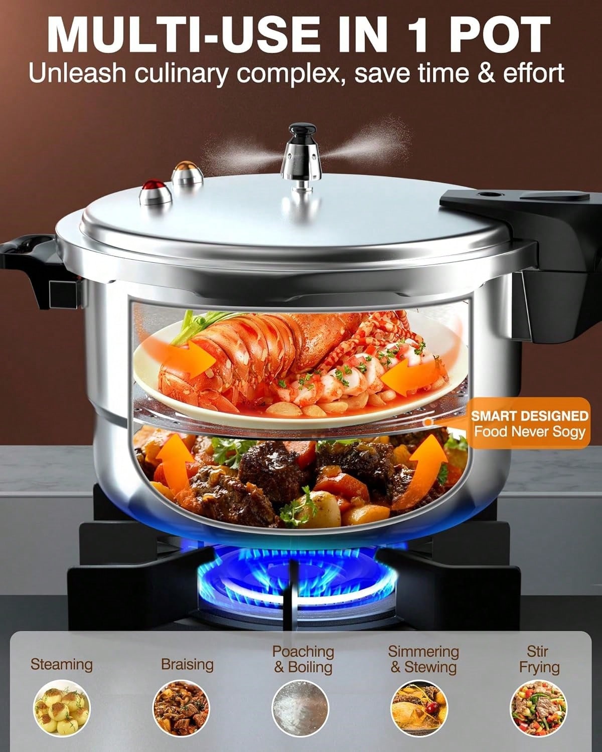 8Qt Aluminum Pressure Cooker W/Release Valve & Multiple Protective Devices,Pressure Canner Compatible With Gas & Induction Cooker,Canner Rack Included Universal Kitchen And Dining Pressure Cooker, Fas