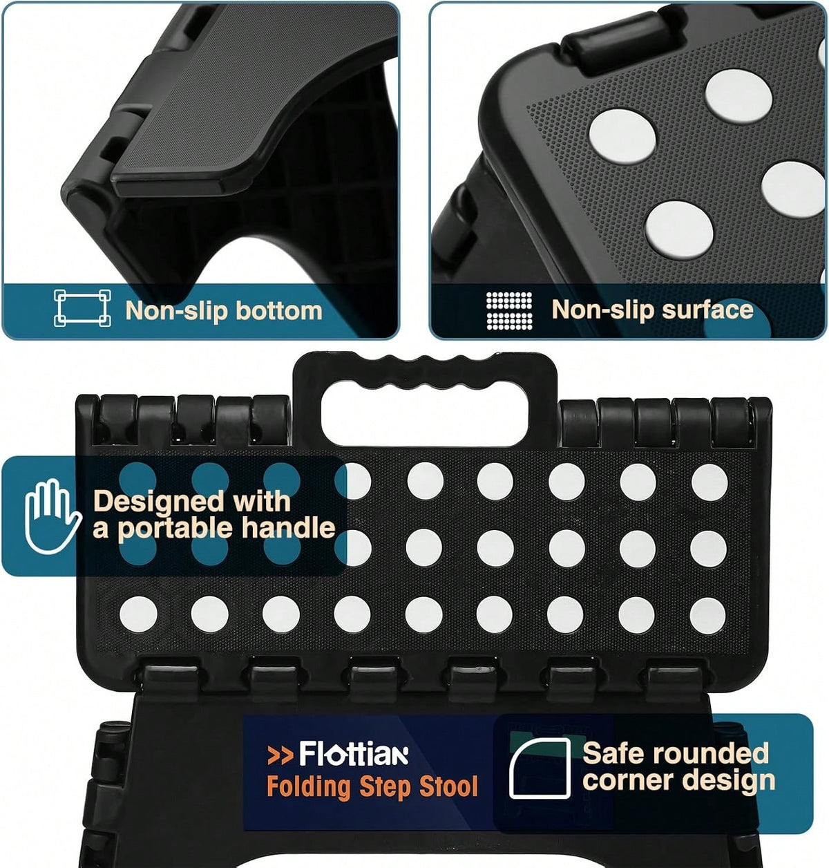 9" Folding Step Stool For Adults, Non-Slip Plastic Foldable Stool With Portable Handle For Kitchen Bathroom Etc, Black, 1PC