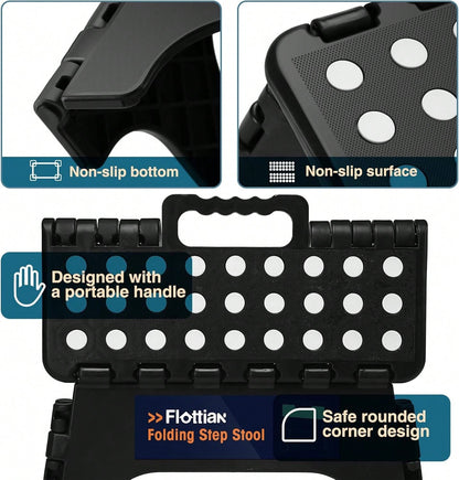 9" Folding Step Stool For Adults, Non-Slip Plastic Foldable Stool With Portable Handle For Kitchen Bathroom Etc, Black, 1PC