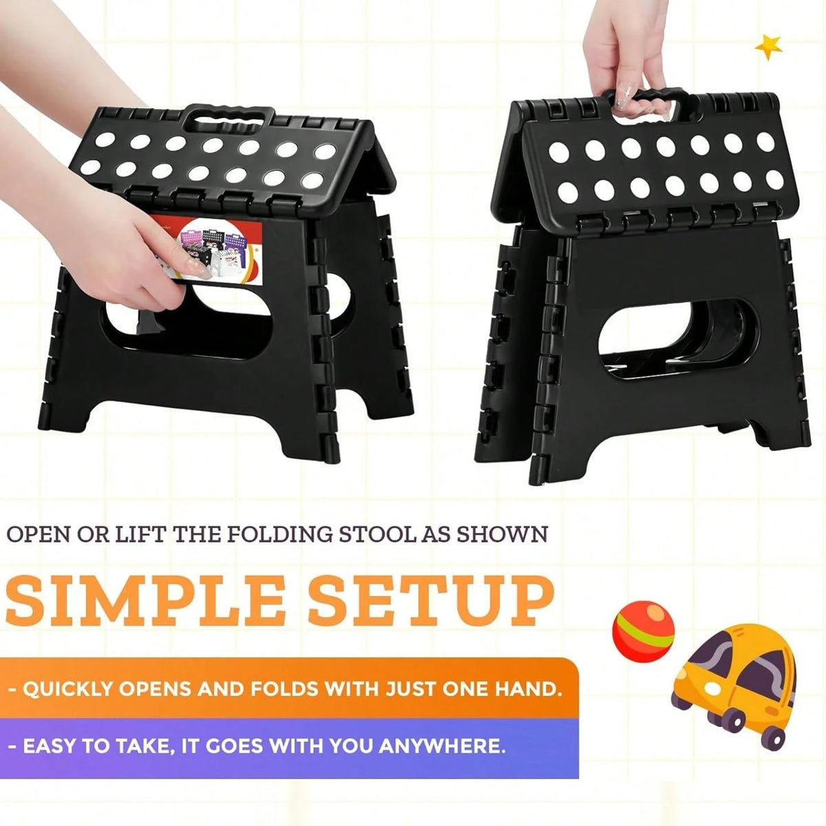 9" Folding Step Stool For Adults, Non-Slip Plastic Foldable Stool With Portable Handle For Kitchen Bathroom Etc, Black, 1PC