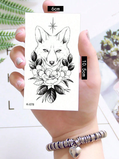 9 Sheets Black Cool Animals Fox Wolf Forest Peony Pattern Arms Legs Waist Shoulders Chest Back Cover Temporary Tattoo Stickers
