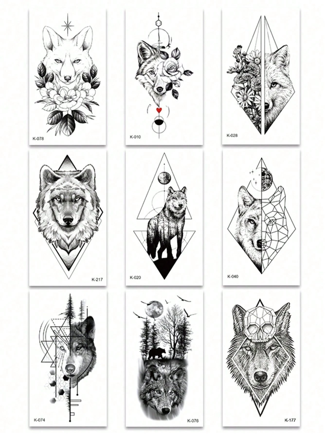 9 Sheets Black Cool Animals Fox Wolf Forest Peony Pattern Arms Legs Waist Shoulders Chest Back Cover Temporary Tattoo Stickers