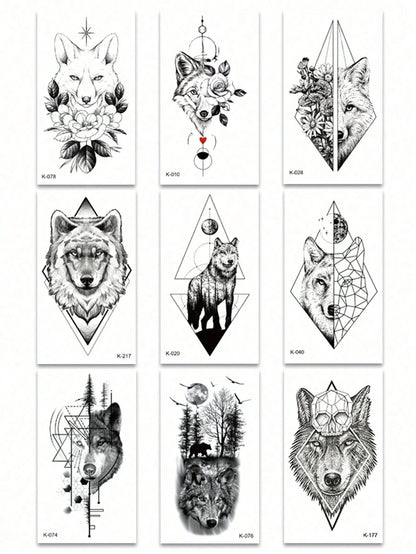 9 Sheets Black Cool Animals Fox Wolf Forest Peony Pattern Arms Legs Waist Shoulders Chest Back Cover Temporary Tattoo Stickers