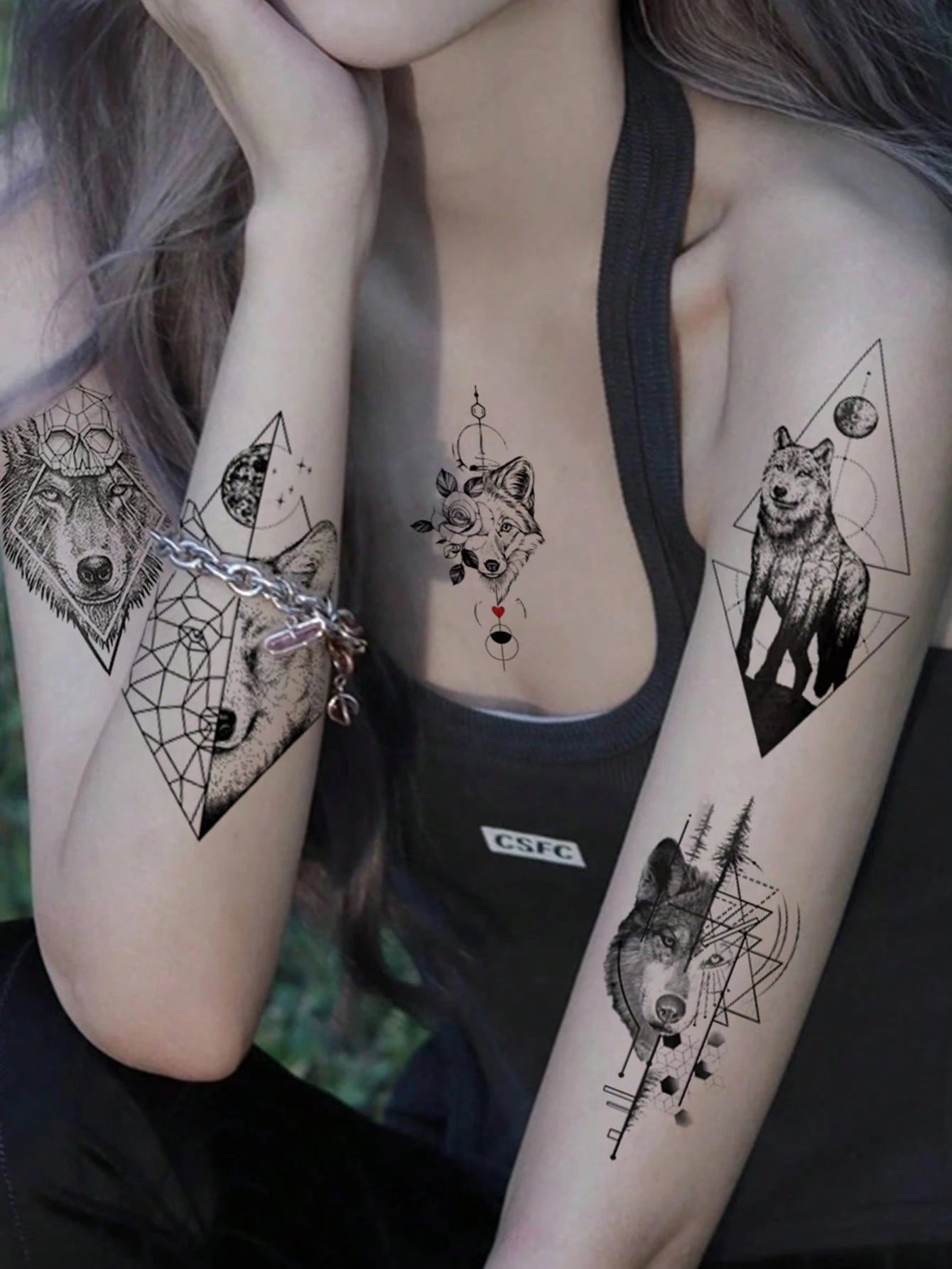9 Sheets Black Cool Animals Fox Wolf Forest Peony Pattern Arms Legs Waist Shoulders Chest Back Cover Temporary Tattoo Stickers