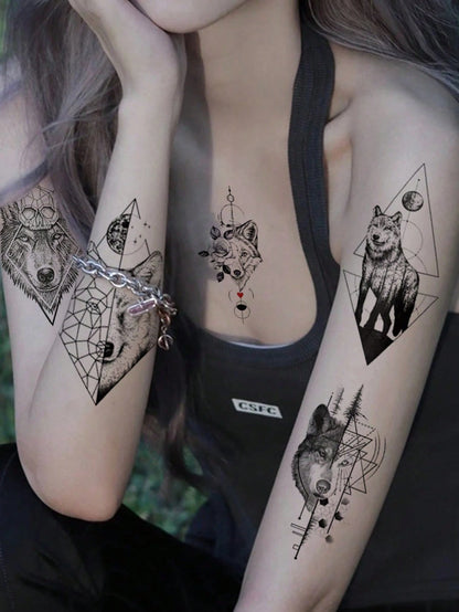 9 Sheets Black Cool Animals Fox Wolf Forest Peony Pattern Arms Legs Waist Shoulders Chest Back Cover Temporary Tattoo Stickers