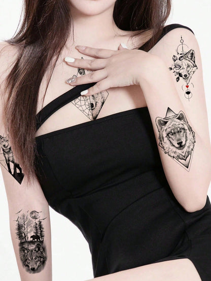 9 Sheets Black Cool Animals Fox Wolf Forest Peony Pattern Arms Legs Waist Shoulders Chest Back Cover Temporary Tattoo Stickers