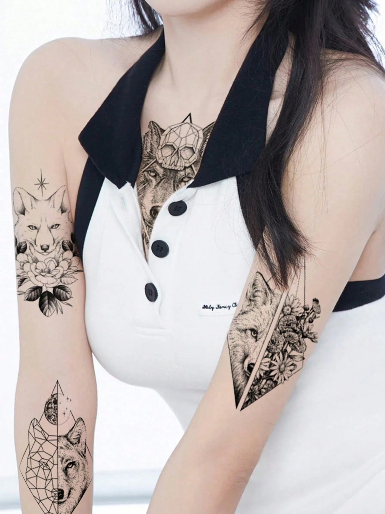 9 Sheets Black Cool Animals Fox Wolf Forest Peony Pattern Arms Legs Waist Shoulders Chest Back Cover Temporary Tattoo Stickers