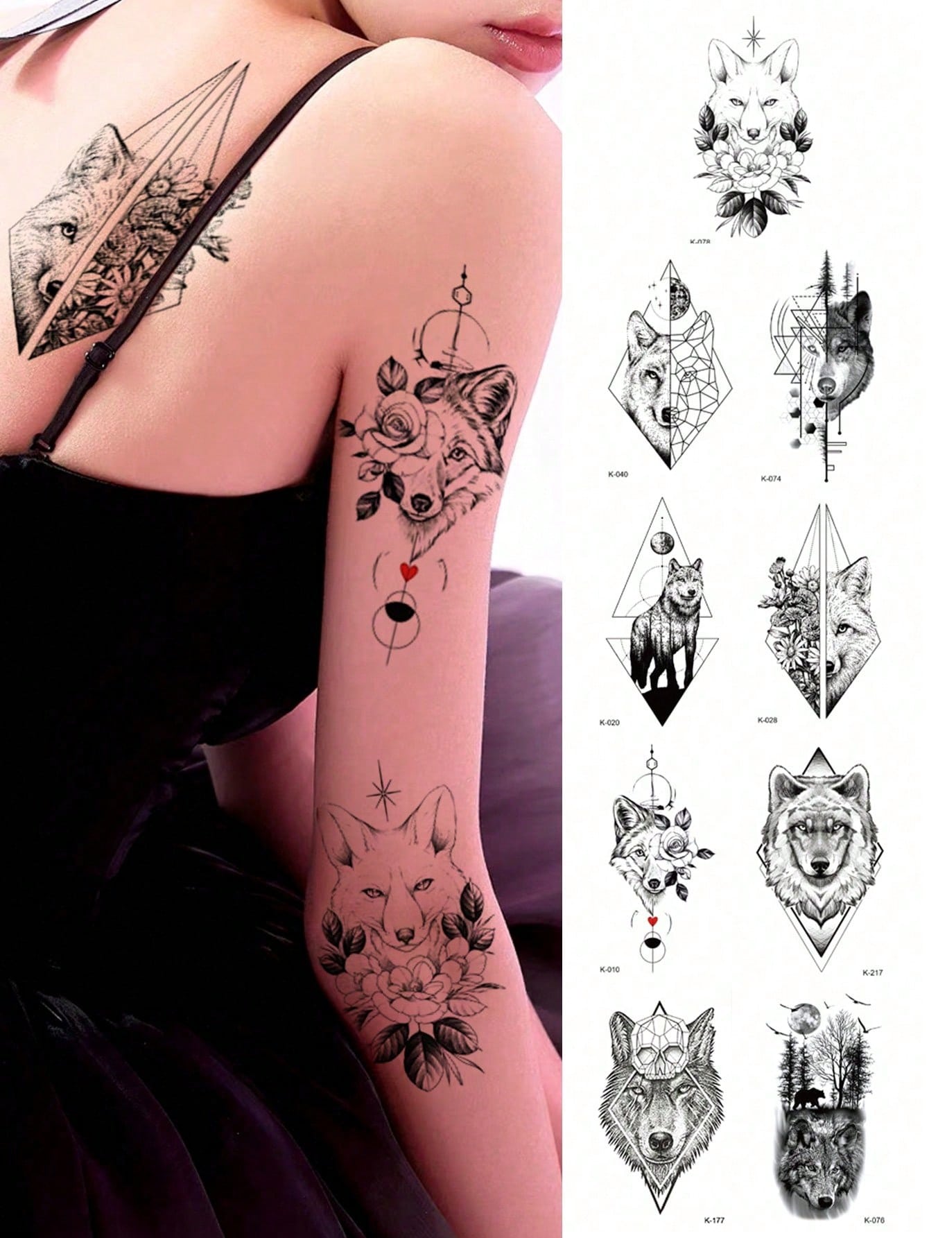 9 Sheets Black Cool Animals Fox Wolf Forest Peony Pattern Arms Legs Waist Shoulders Chest Back Cover Temporary Tattoo Stickers